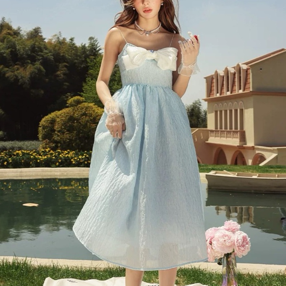 Japanese K Style Summer Cottage Baby Blue Bow Y2K Maxi Dress
